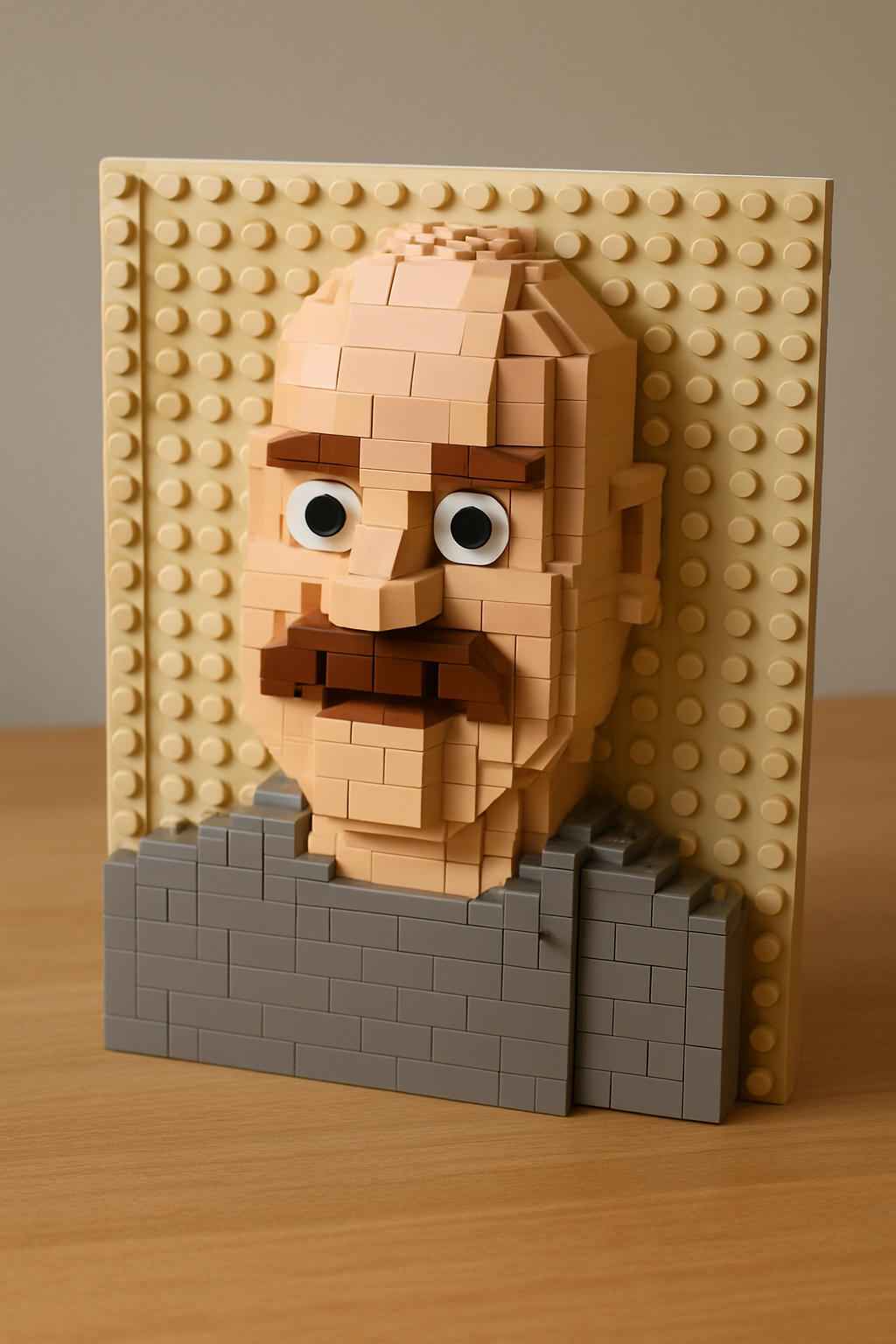 Ronny reimagined as lego character built 1:2 pixel rate as blocks, 3D, realistic, lego colors, far angle, 45 degree